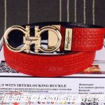 AAA Ferragamo Engraving Red Leather Belt For Women - Gold Gancini Buckle